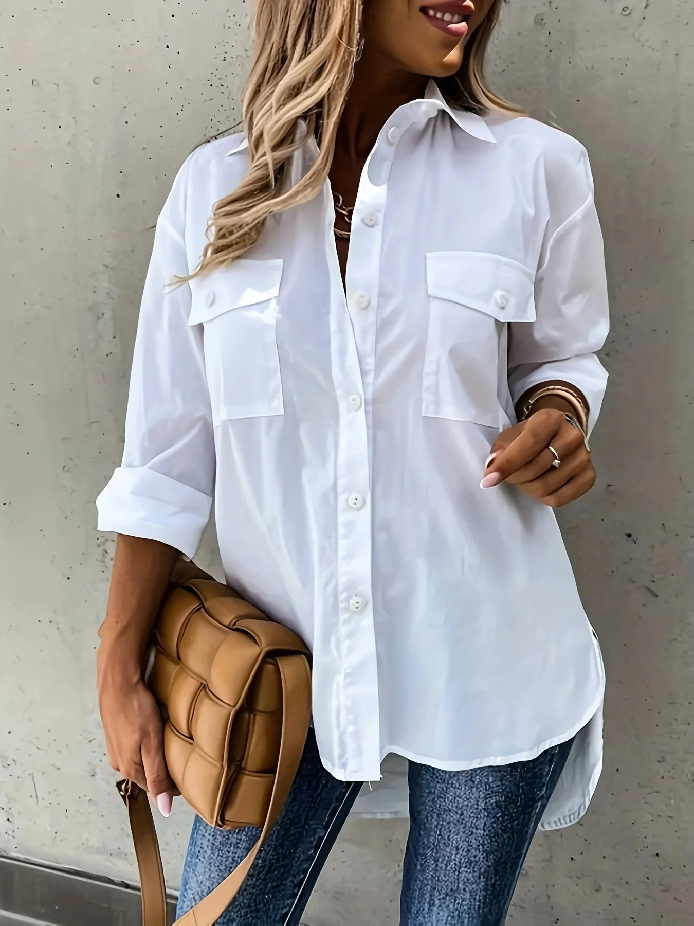 Fashion Plus Size Women\'s Versatile Solid Color Shirt Lapel Pocket Decoration Shirt Casual Loose and Simple Long Sleeved Shirt