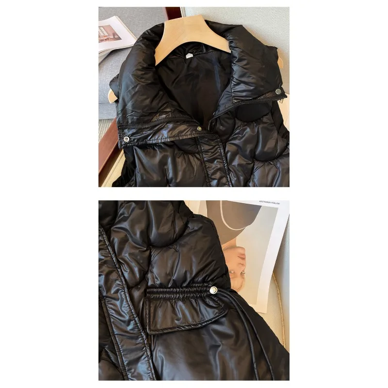 Women's Down Cotton Waistcoat No Washing Required Shiny Finish Short Style Loose Fit Stand-up Collar Waistcoat Winter Outerwear