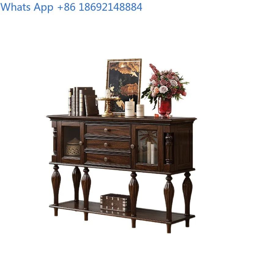 Solid Wood Entryway Cabinet Rustic Style Storage Bench for Hallway Home Use Walnut Finish