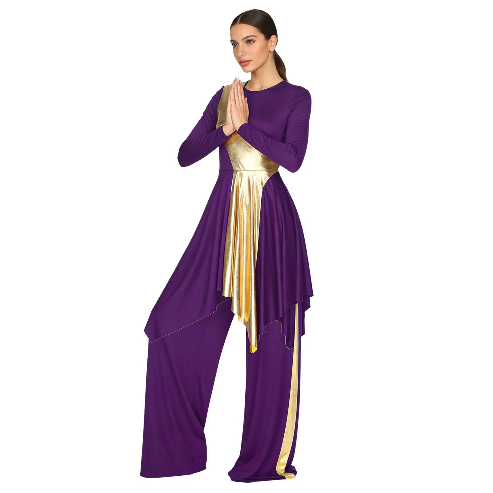 Women Church Worship Lyrical Dance Outfit Choir Praise Stage Performance Costume Long Sleeve Tunic Dress with Wide-Leg Pants