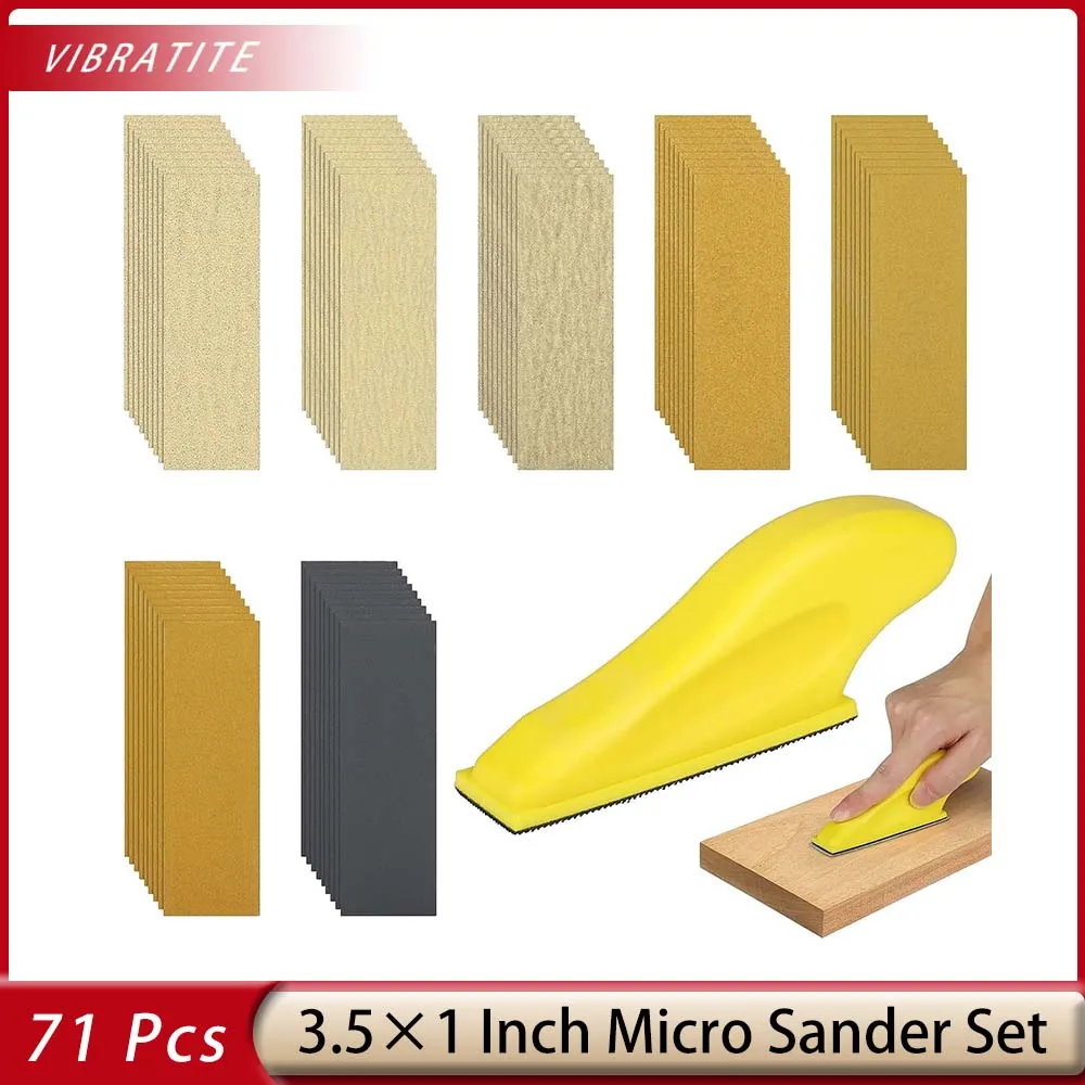 

71 PCS Micro Sander Set 3.5” x 1” Detail Handle Sanding Tools Mini Sander Sandpaper 80-1500 Assorted Grit for Wood Work