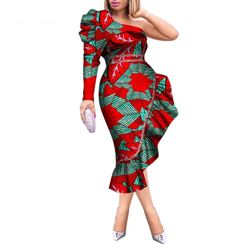 

Traditional African Clothing New Fashion Elegant African Wax Print Dresses for Women Cotton Bazin Riche Knee Length Lady Dress