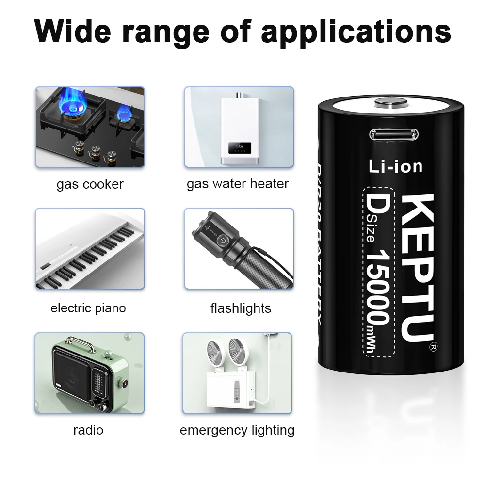 USB Rechargeable D Size Batteries R20 LR20 HR20 Li-ion 1.5V 15000mWh with Type-C Cable for Gas Appliances