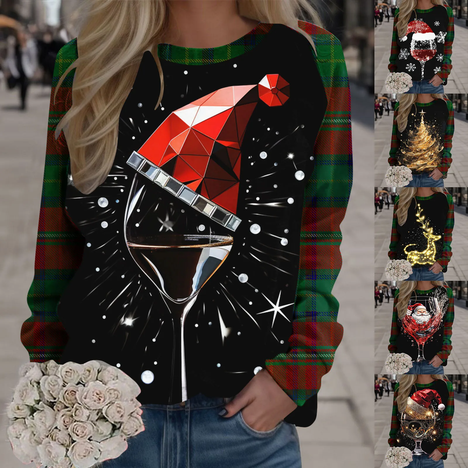 2023 Autumn New Christmas Sweatshirt Women Girl Wine Cup 3d Print Xmas Snowflake Elk Snowman Pullover Tops Festival Clothing