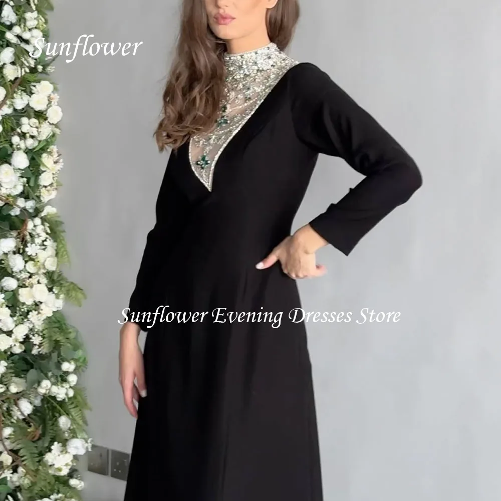 Sunflower Beading High Neck A-LINE فساتين السهرة Elegant Crepe Long Sleeve Party Prom Dress Prom dresses Formal vestidos de fies