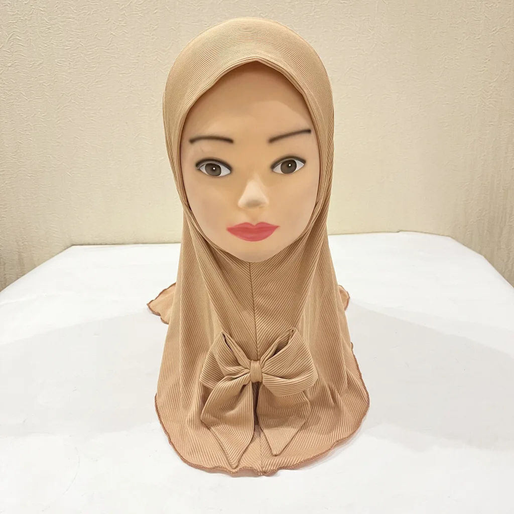 

2-6Y Kids Girls Hijab Muslim Bowknot Turban Instant Scarf Solid Color Headscarf One Piece Amira Islam Pray Hijabs Hat Pull On