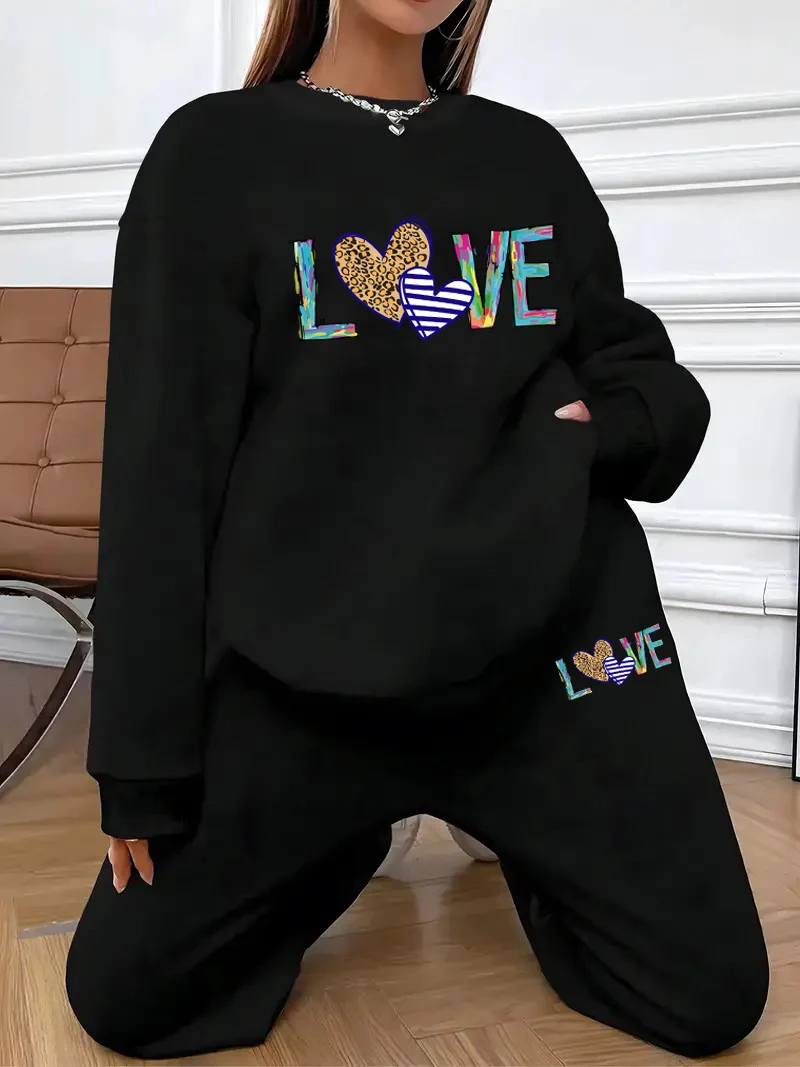 

2024 Popular letter heart print 2-piece suit, women's crewneck hoodie and sweatpants suit comfortable women's clothes