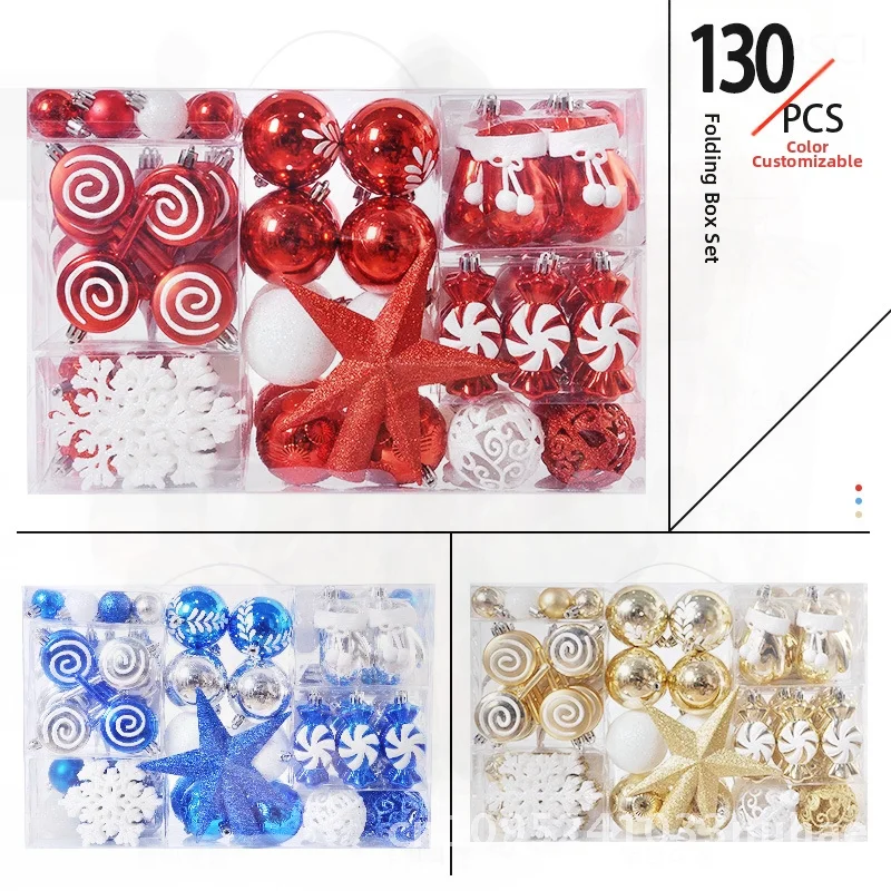 

130pcs Electroplated Plastic Christmas Tree Decoration Set with Hanging Balls And Top Star Red/White Blue/White Gold