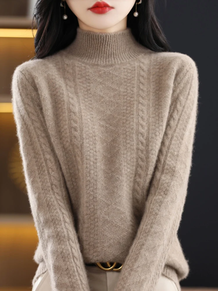 Women Sweater For Winter Thick Warm Long Sleeve Mock Neck Pullover 100% Merino Wool Twist Cashmere Knitwear Korean Fashion New