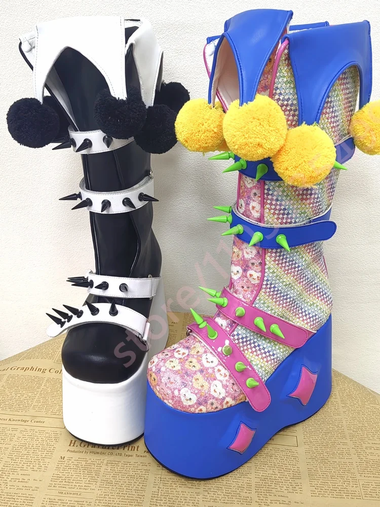 

2026 New Mismatched Spiked Platform Knee High Boots for Women Pom Pom Decor Multi Buckle Extreme Wedge Harajuku Punk Boots