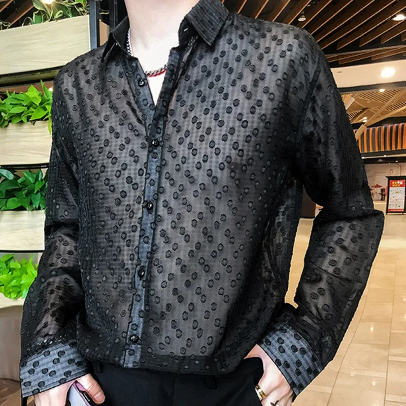 

Sexy Sunscreen Shirt Men's Summer Thin Lace Hollow Ruffian Camisas Para Hombre Korean Men Clothes See Through Shirts Men Dress