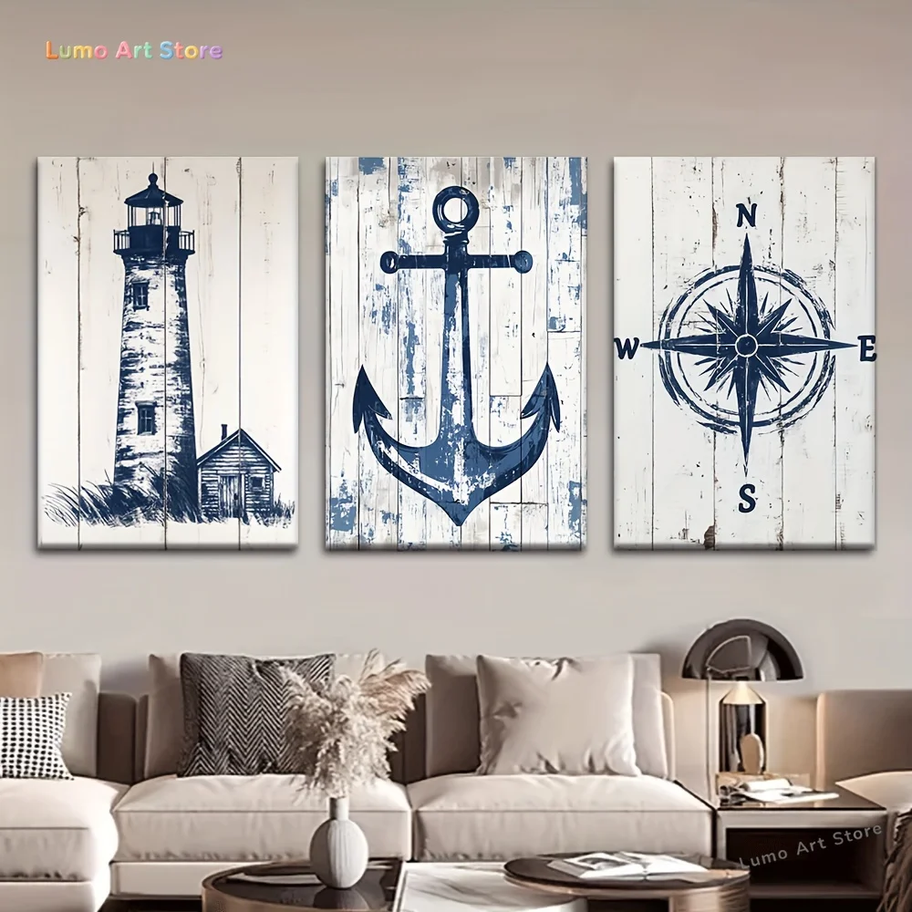 3pcs/Set, Canvas Painting--Unframed, Nautical Charts Lighthouse Anchor Compass, Posters And Prints, Living Room, Library, Off
