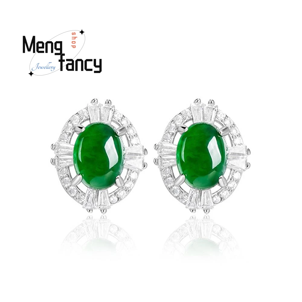 

Natural A-goods Jadeite Oval Egg Surface Sunny Green Earrings Ice Jade Fashion S925 Silver Inlaid High-grade Luxury Fine Jewelry