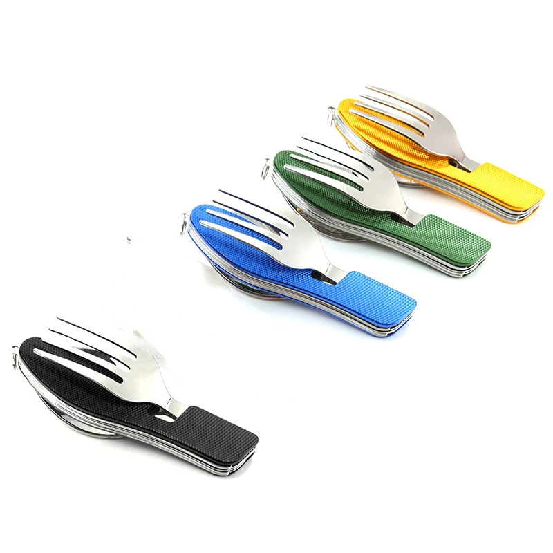 

4 In 1 Outdoor Tableware Set Camping Cooking Supplies Stainless Steel Spoon Folding Pocket Kits Home Picnic Hiking Travel Tools