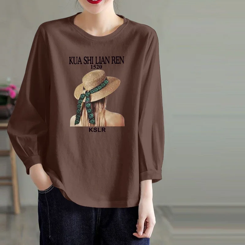 

Женская модная хлопковая футболка с рукавом 3/4, круглым вырезом, удлиненная, скрывающая фигуру, для весны и осени, больших размеров, с эффектом похудения