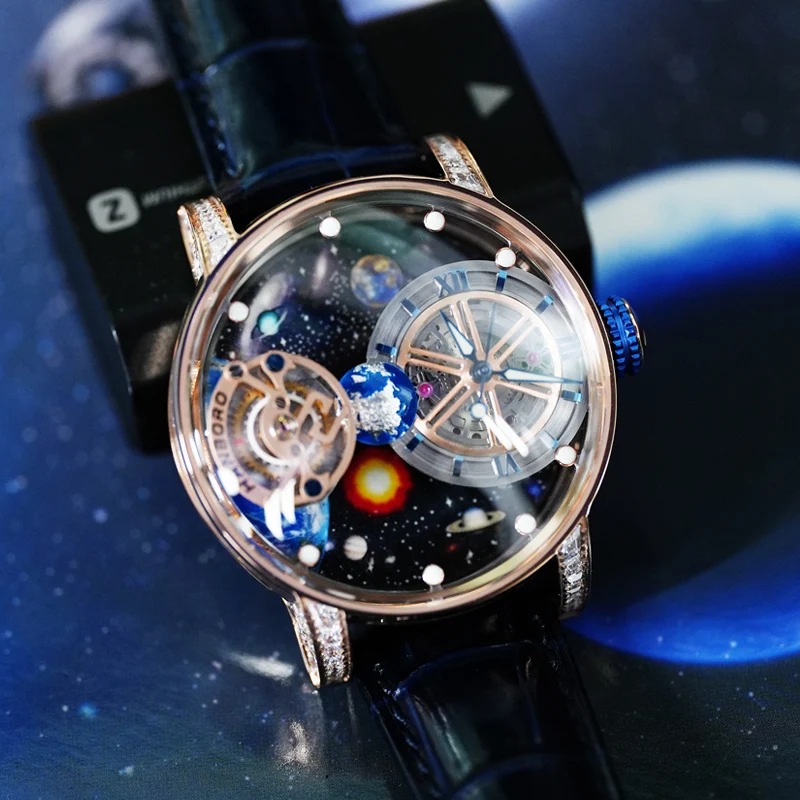 HANBORO Starry Sky Watch For Men Luxury Celestial Mechanical Wristwatches Automatic Earth Planet Theme Design Man Watch Clock