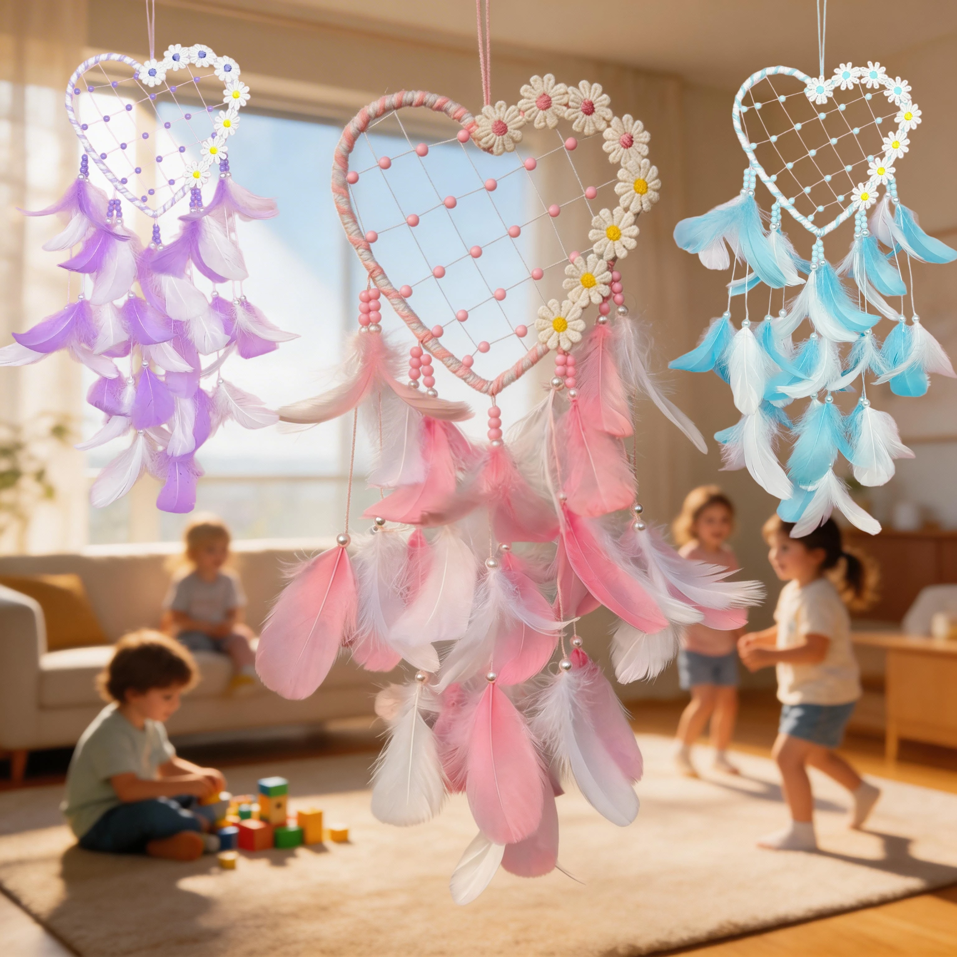 Atrapasueños con Forma de Corazón y Margarita, Decoración de Pared con Plumas y Cuentas para Dormitorio de Niñas, Cuarto Infantil, Fiestas y Decoración del Hogar