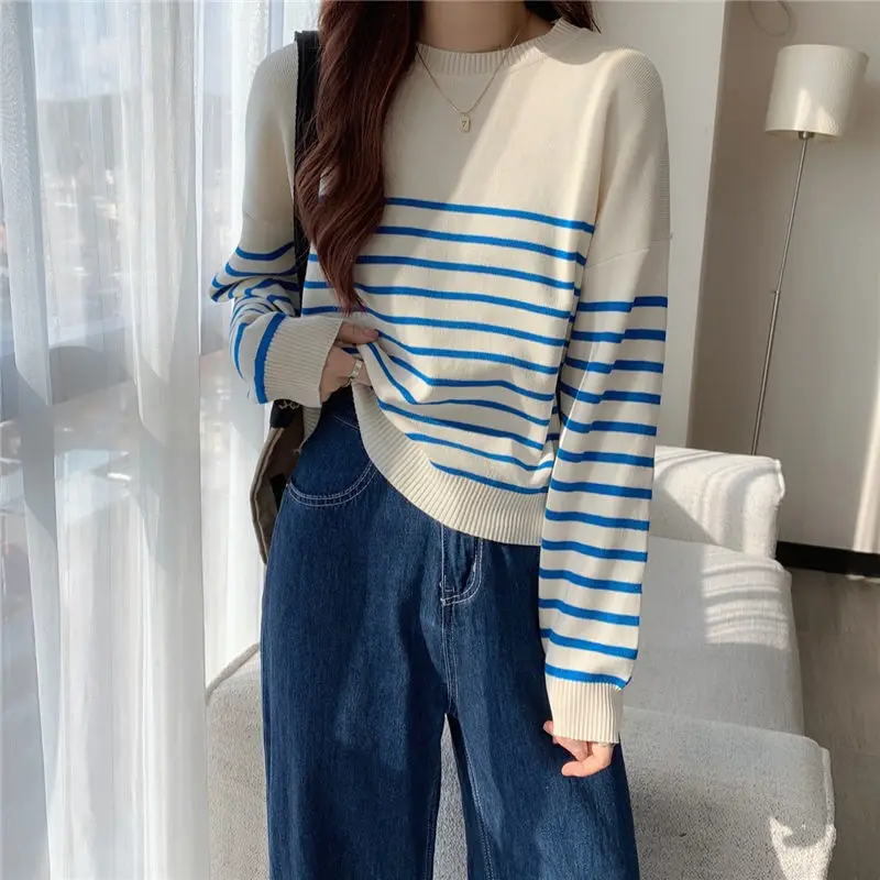 Stripe O-neck Women\'s Knitted Sweater T-shirt Tops Long Sleeved Loose Fitting Versatile High Quality Knitwear Youth Elegant