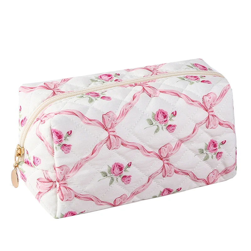 Floral Makeup Bag Large Capacity Cute Flowers Instagram Travel Storage Portable Quilted Cotton Bow Toiletry Bag