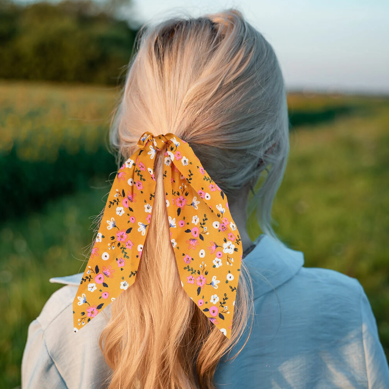 

5pcs Vintage Floral Printed Scrunchies Durable Cloth Material Stretchy Elastic Long Bow Design Christmas Party Costume Stage