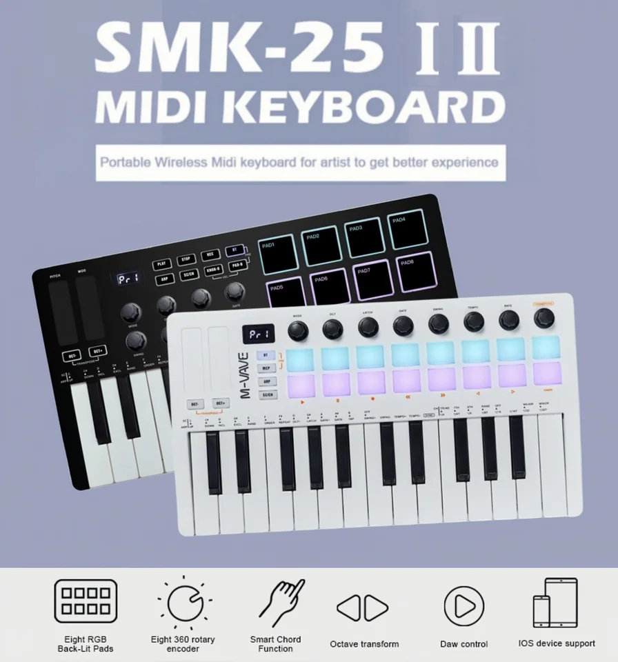 M-VAVE SMK-25 II MIDI Pad Controller Keyboard USB Mini 25 Key,16