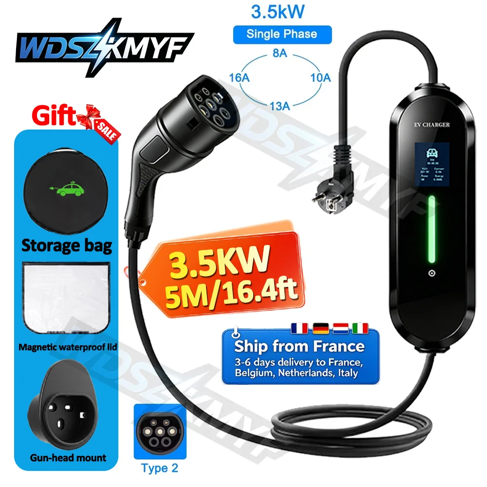 Cavo di ricarica portatile per veicoli elettrici, 3,5 kW, 16 A, con timer intelligente, per prese europee di tipo 2, ricambi per veicoli elettrici, lunghezza cavo 5 m/16,47 piedi, grado di protezione
