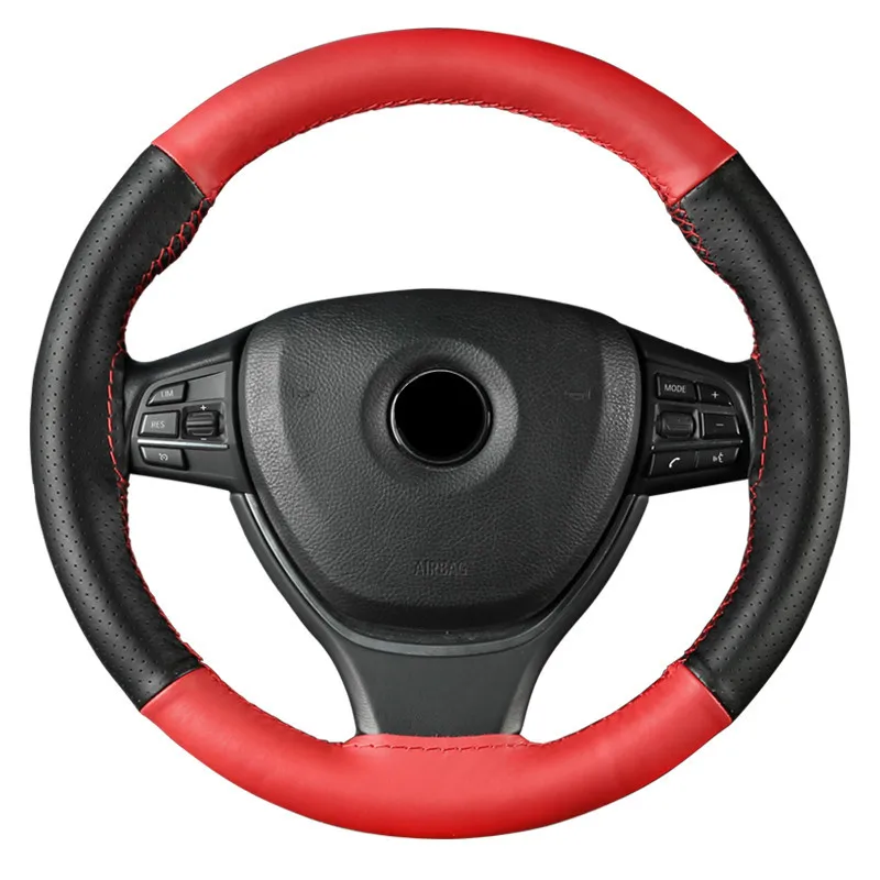 38cm Genuine Cowhide Leather Steering Wheel Cover Hand Stitched Two-Tone Color Block Perforated Sides All Season Breathable