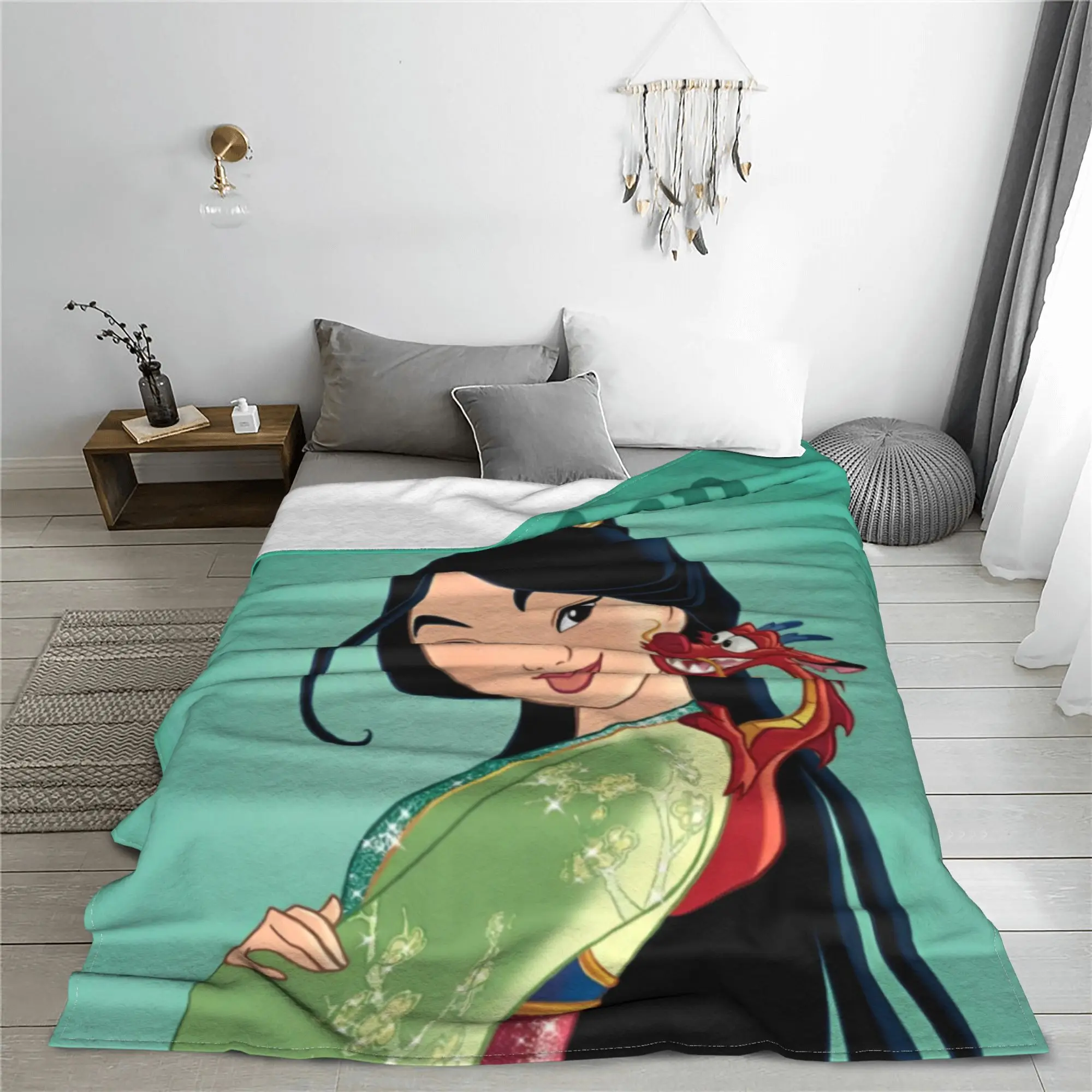 Mulan Princess Beaty Cartoon Blanket Cover Cute Mushu Wool Throw Blanket Bedding Decoration Lightweight Breathable Rug Piece