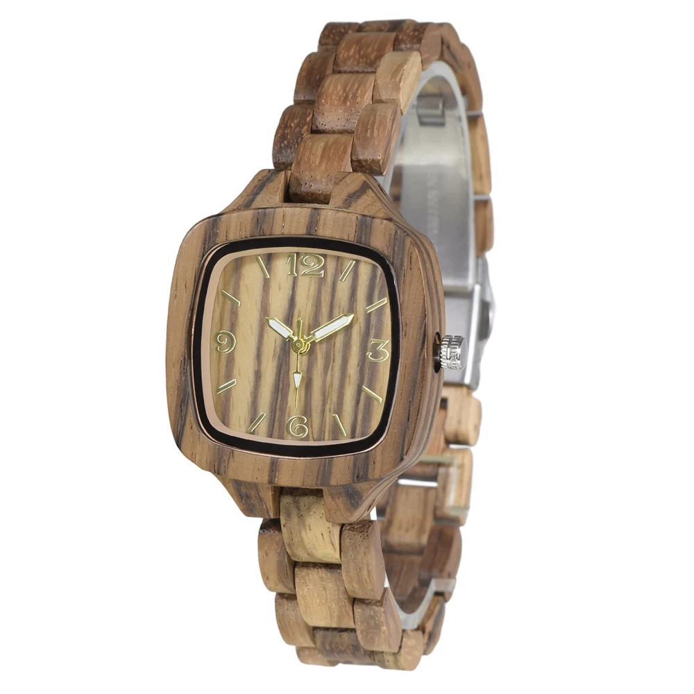 Minimalist Rectangular Sandalwood Watch for Women Unique Shape Clear Luminous Pointer Wristwatch