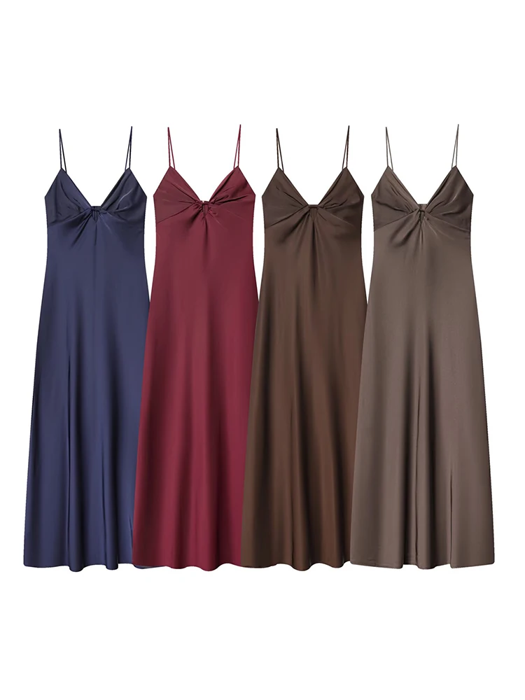 ชุดเดรสยาวผ้าซาตินแบบผูกคอ แนวเซ็กซี่ แฟชั่นคอวี แขนกุด เปิดหลัง สำหรับผู้หญิง ปี 2025 เหมาะสำหรับฤดูร้อนและฤดูใบไม้ร่วง  ชุดเดรสยาวสำหรับงานปาร์ตี้ สวยสง่า