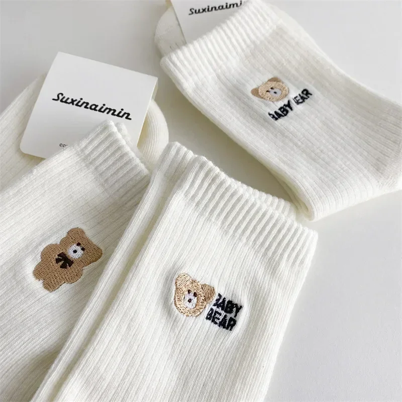 Cartoon Bears Kawaii Cute Socks Women Embroidery Casual Soft Cotton Breathable Harajuku Long Sock Solid Colors Black White Socks