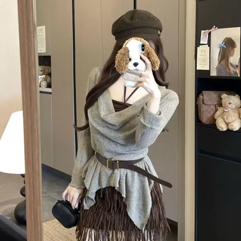 Vintage Subcultural Y2k Casual Knitted Pullover+ Fashion Trend Sexy Women's Camisole Vest Autumn New Two Piece Sets