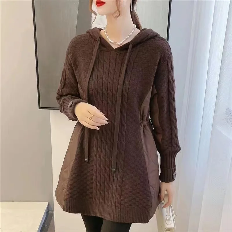 Autumn Winter Splicing Sweater Women Jacket Long Sleeves Hooded Loose knitted Sweater Coat 2023 New Female Thicken Warm Outerwea