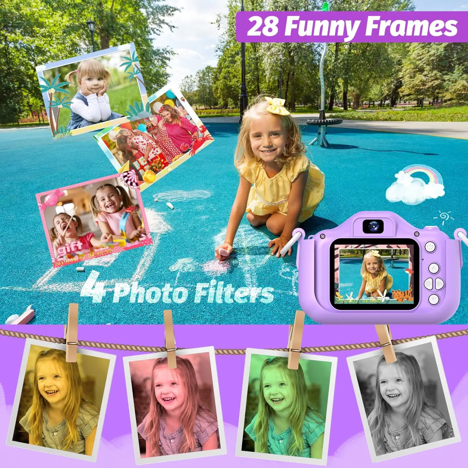 กล้องดิจิตอลสำหรับเด็กพร้อมการ์ด SD ของเล่นเด็กผู้หญิง 1080P HD หน้าจอกลางแจ้งการ์ตูนไดโนเสาร์กล้องถ่ายภาพวิดีโอของขวัญวันเกิด