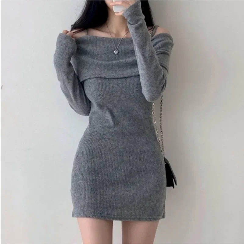 Off Shoulder Suspender Lapel Knit Dress Women Korean Sexy Slim Bottomed Mini Dresses Autumn Winter Solid Suspender Sweater Dress