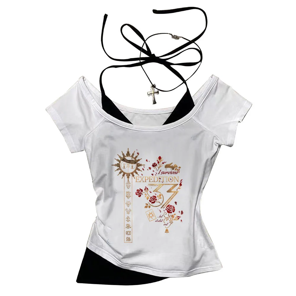 Expedition 33 crop top para mujer, estilo cutecore, Japón, liquidación, camiseta estilo Y2K de los años 2000, moda coreana, diseño gráfico lindo de verano