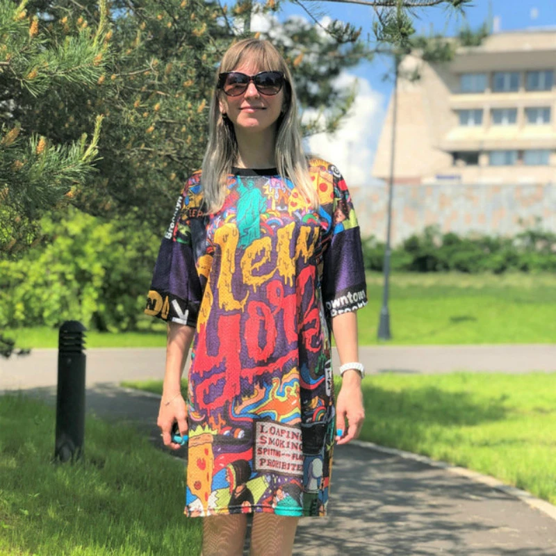 Robe mi-longue graffiti drôle pour femme, t-shirt surdimensionné, trous en maille, hip hop, harajuku adt fit long, streetwear, été 2022