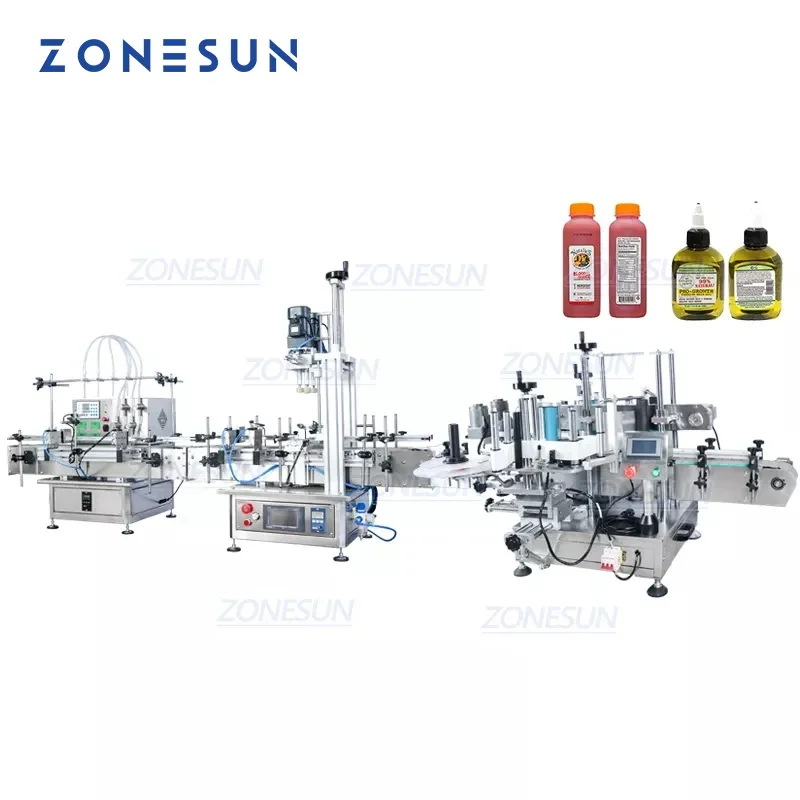 ZONESUN ZS-FAL180C9 Automatic Production Line Essential Oil Square Bottle Filling Capping And Double Side Labeling Machine