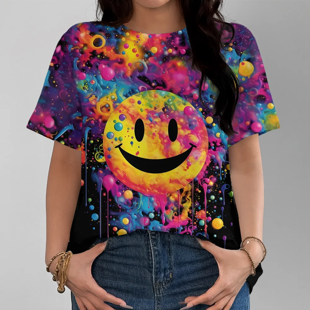 Camiseta con cara sonriente de arcoíris para mujer, con efecto de tinta salpicada, estilo callejero, moda informal, cómoda, manga corta de verano Y2K