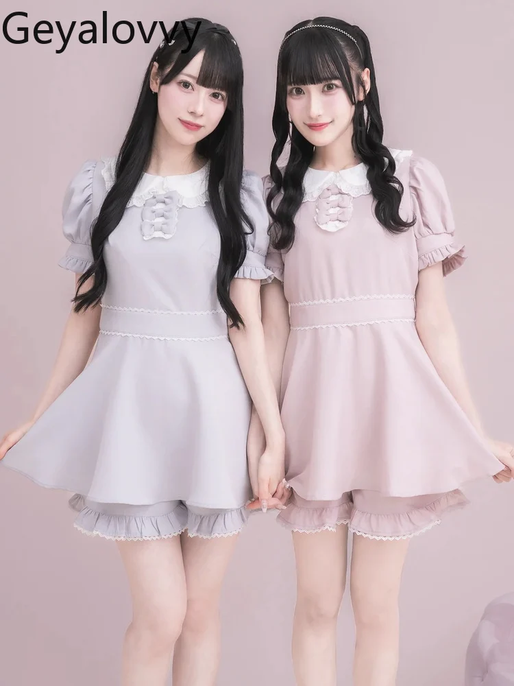 

Японское милое сердце для девочек, милый кукольный воротник, галстук-бабочка, утягивающее талию платье с короткими рукавами и кружевные шорты с высокой талией, комплект из двух предметов