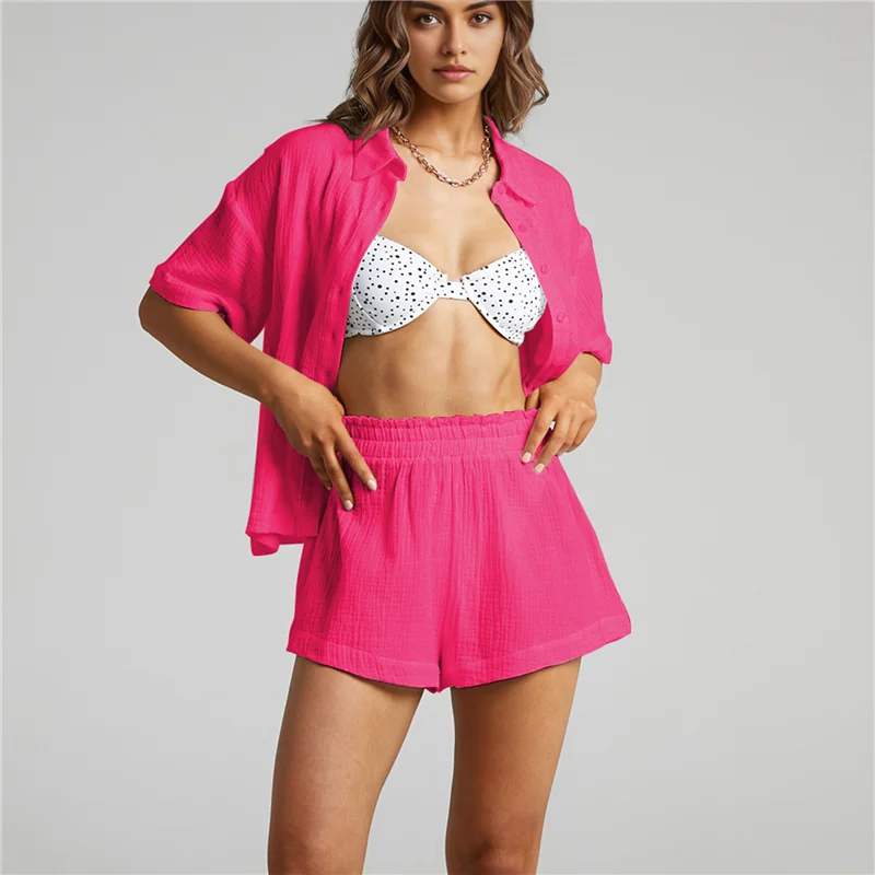 

ASDS-Женская повседневная одежда из 2 предметов, комплекты из хлопка и льна, рубашка на пуговицах, шорты, курортная одежда, 2024, пижамный комплект пляжного покрытия