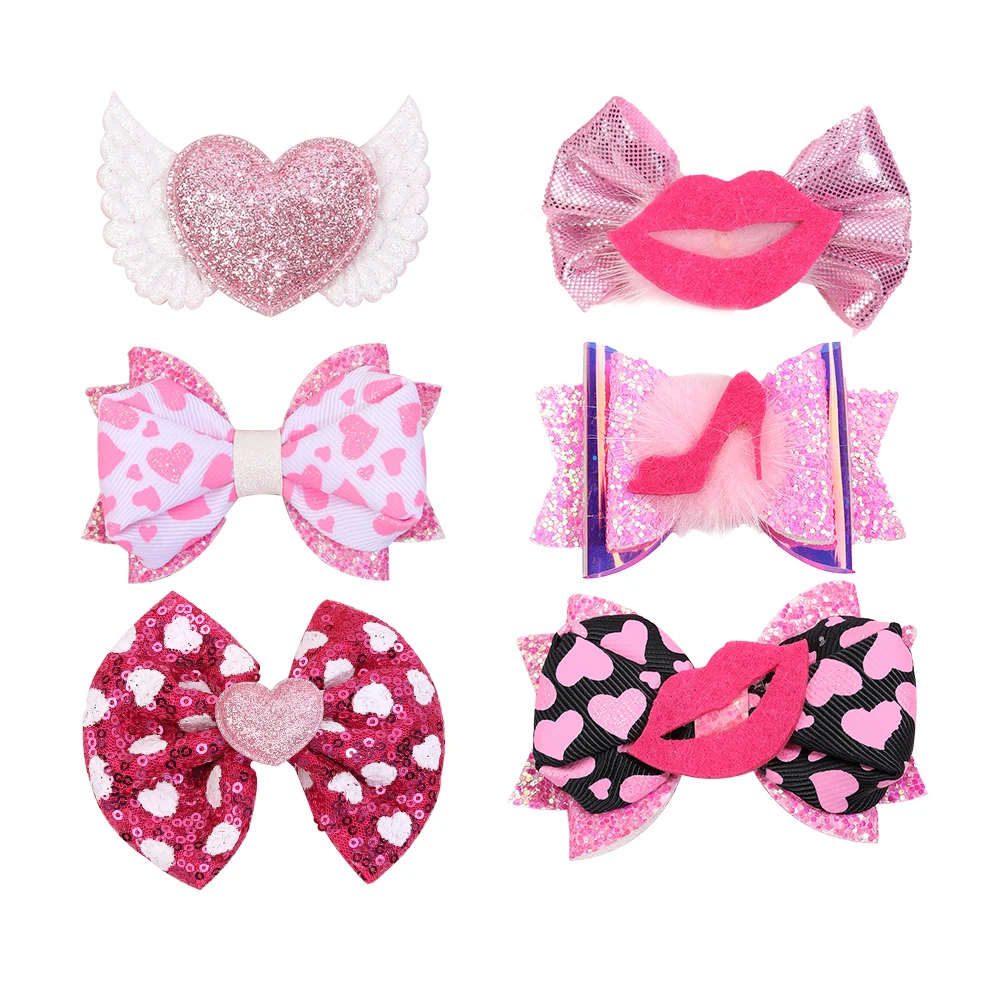 Oaoleer 2Pcs/set Cute Glitter Love Wings Hairpin For Kids Girls Red Lip Glitter Hair Bow Clips Baby Hair Accessories Headdress