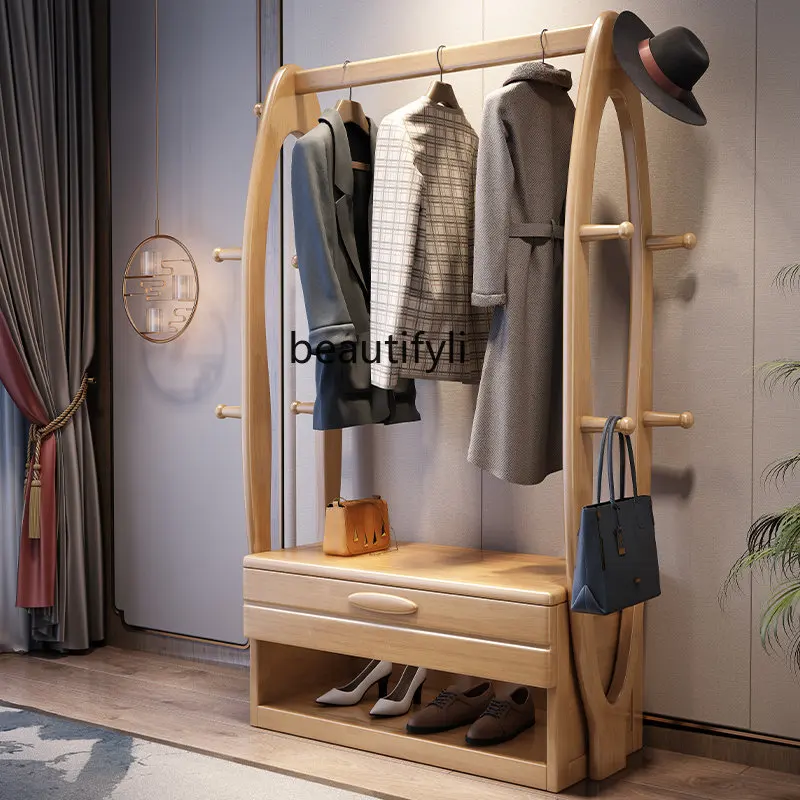 Solid Wood Multi-Functional Coat Rack Simple Bedroom Floor Clothes Rack Storage Rack with Drawer