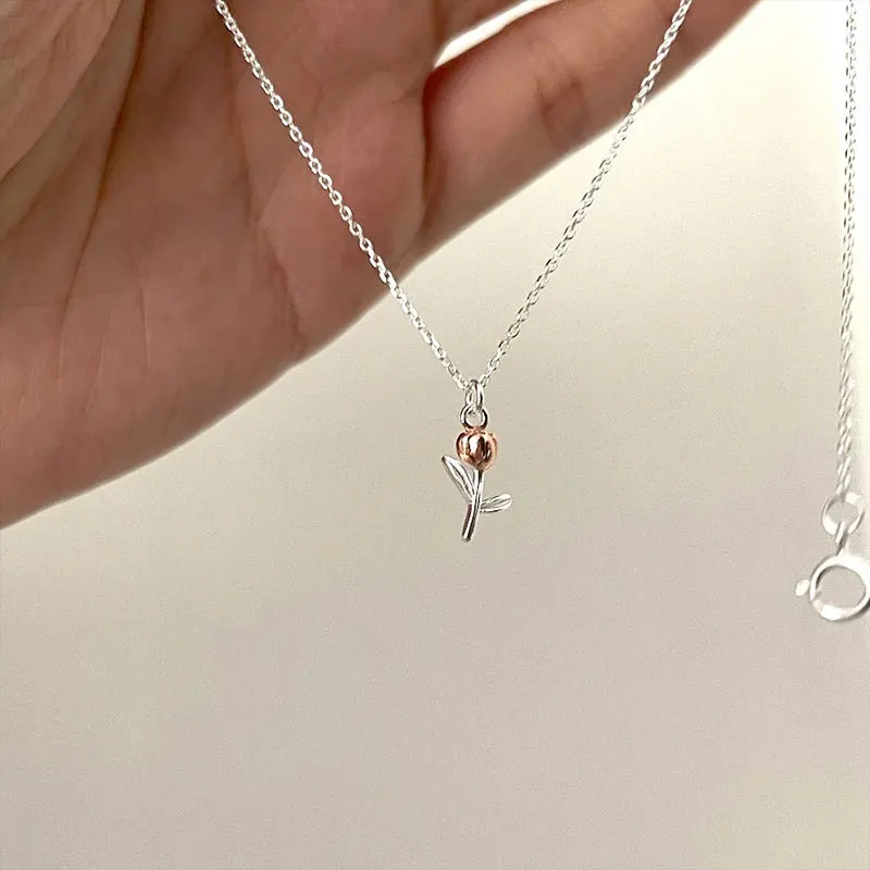 925 Sterling Silver 17.9 Inch Chain Necklace Tulip Pendant Light Luxury Trendy for Women Fashion Jewelry
