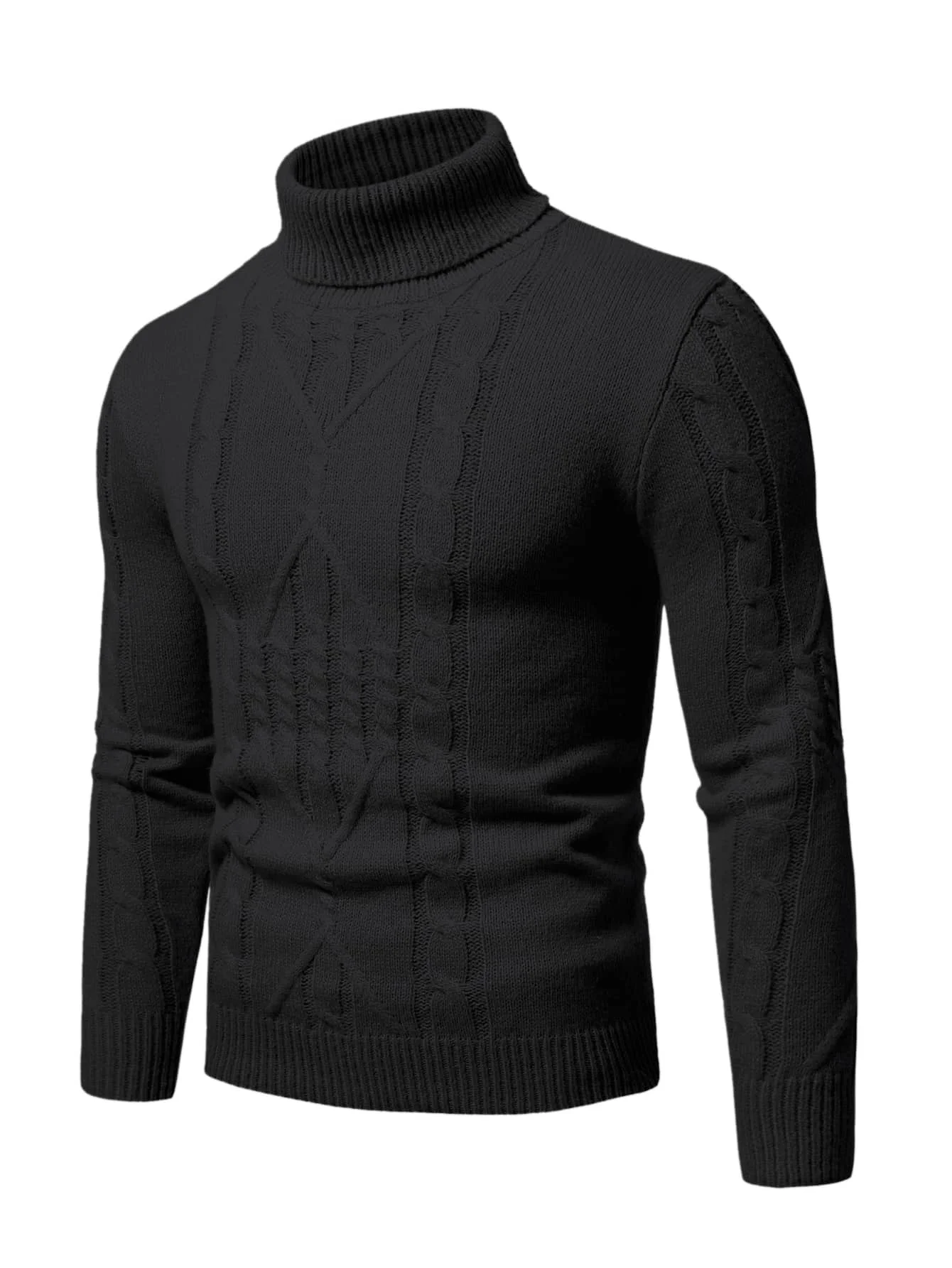 

Men's Black Turtleneck Cable Knit Sweater, Long Sleeve Pullover for Fall Winter