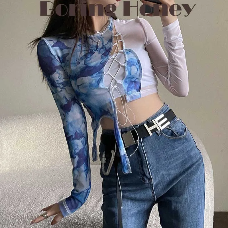 Boring Honey Y2k Women's Clothing Summer Sexy Hollow Out Long Sleeves Beach Outing Tie-Dye Base Dhirt Lace Up Sunscreen Clothing