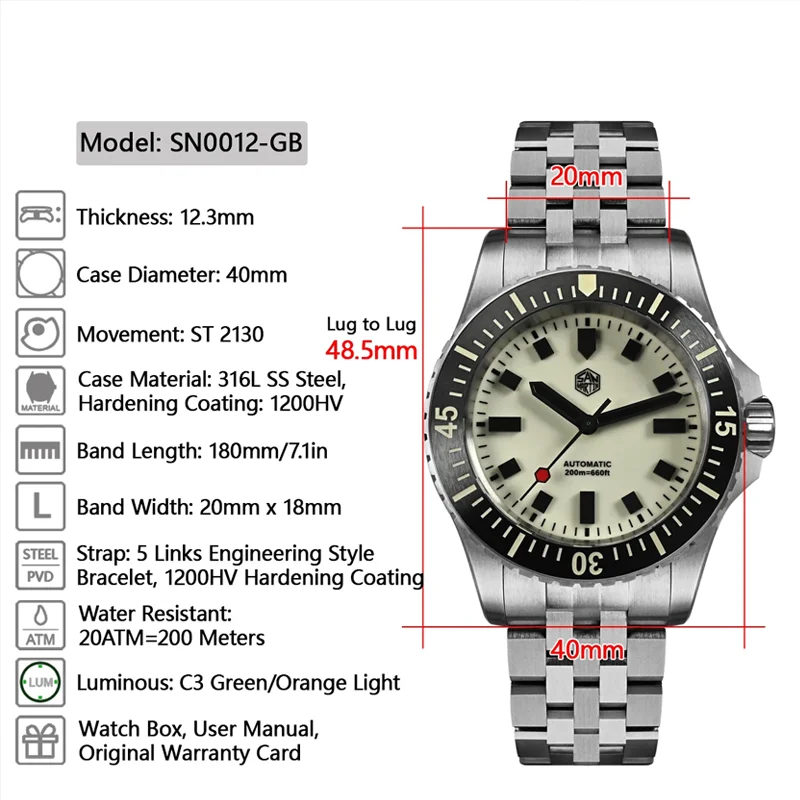 San Martin 40Mm SN0012 Men Dive Watch 1200HV Hardening Coat ST2130 Automatic 200M Waterproof Full Luminous Mechanical Toolwatch