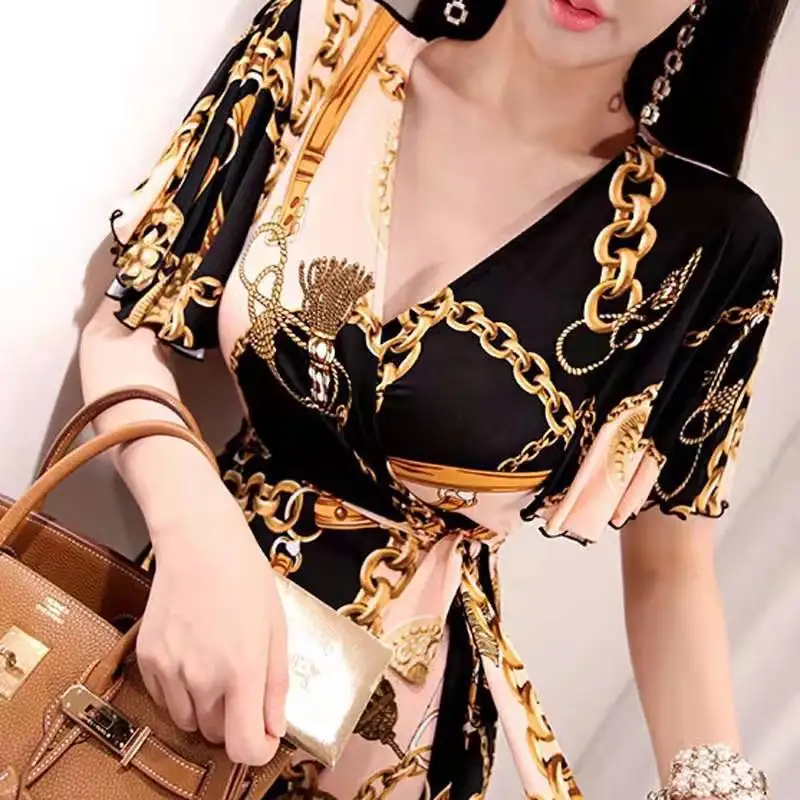 2024 Spring and Summer New European and American Women's Clothing Print Dress TemperamentGold Necklace Lace-up Wa