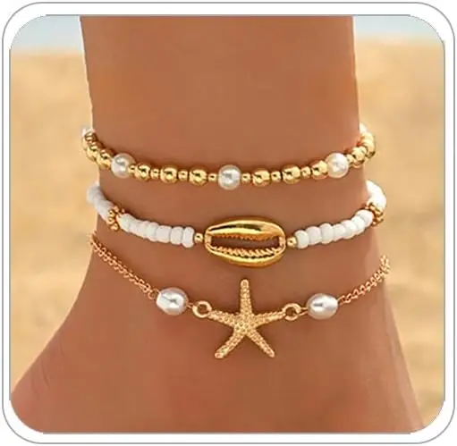Gold Beaded Anklet Bracelets for Women Waterproof Seashell Starfish Anklets Bohemian Summer Surf Stackable Stretchy Anklets Bracelet Mermaid Jewelry Hawaiian Summer Beach Jewelry