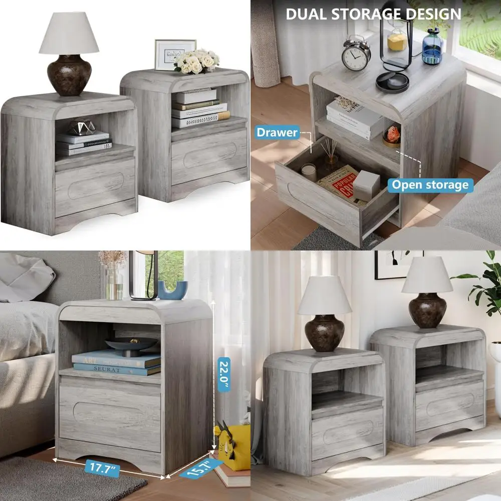 طقم منضدة رمادية مكونة من 2، منضدة مع أدراج، منضدة حديثة مقاس 22 بوصة، طاولة جانبية للسرير، حامل بجانب السرير كبير، طاولة نهاية واسعة مقاس 18 بوصة #1